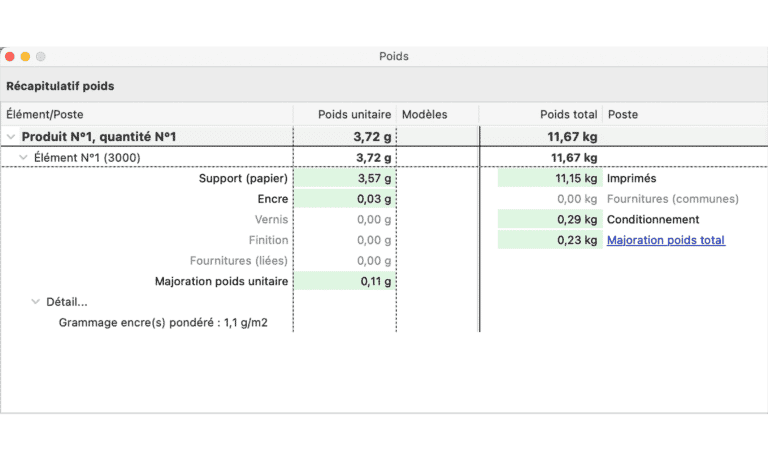 Récapitulatif des poids